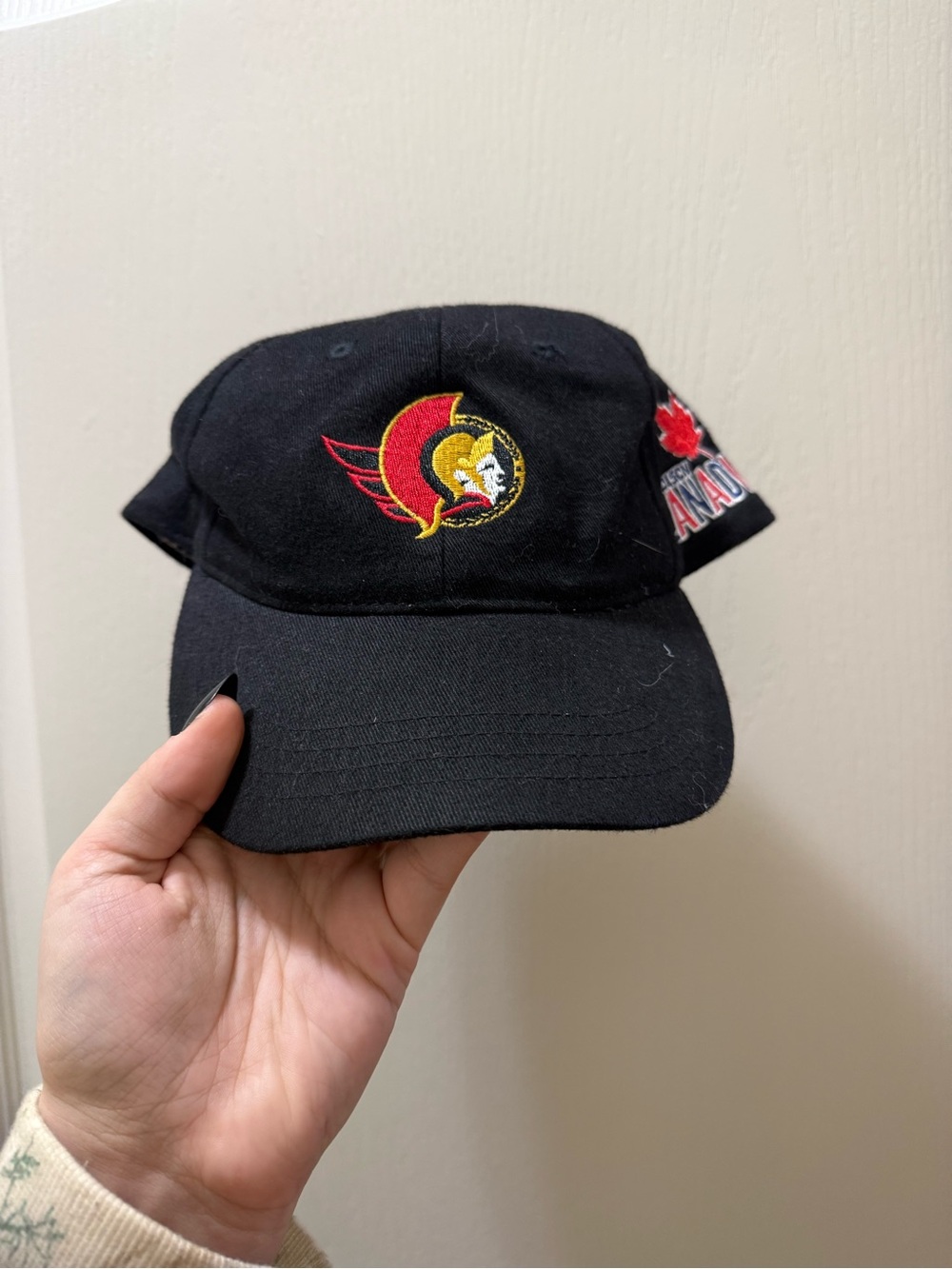 Vintage NHL Black Ottawa Senators Hat with Red and Gold Logo